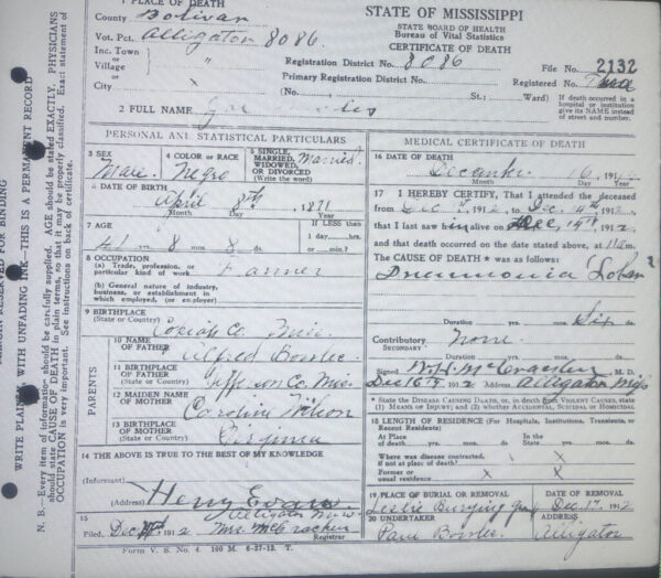 Bolivar County death certificate listing the cemetery as the "Leslie Burying Ground"