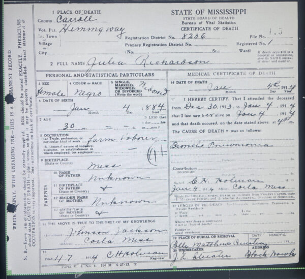 Carroll County death certificate listing "Polly Matthews Cemetery"