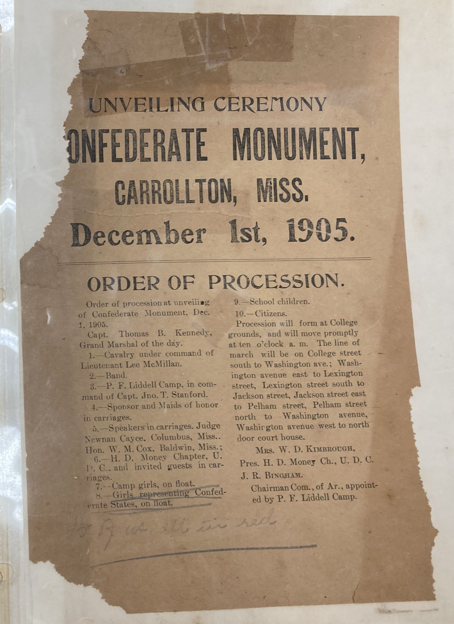 Confederate Monument Dedication flyer from 1905