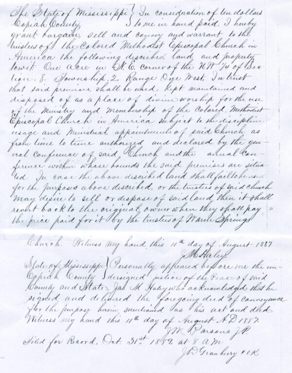 The 1887 deed conveying the sale to the CME Church