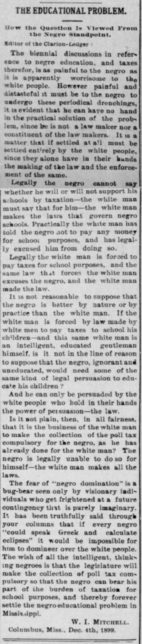 (Jackson, MS) Clarion Ledger, Dec 12, 1899.