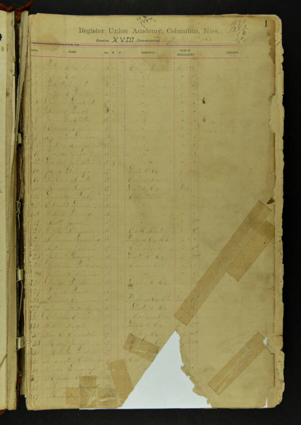 Register of Students at Union Academy from 1883-1903. For more information, please visit the Mississippi Digital Library