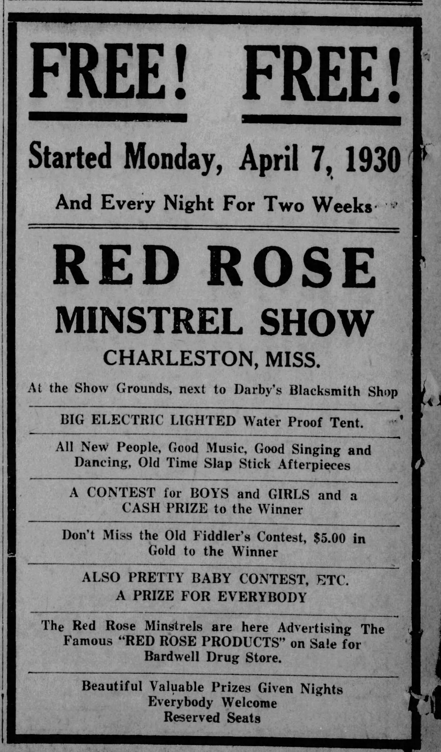 The Charleston (MS) Sun Sentinel, April 10, 1930.
