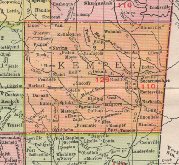 A map of Kemper County in East Mississippi